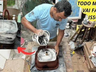 Homem fazendo cuba de concreto em ambiente artesanal